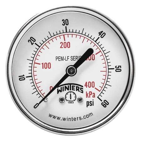 Lead-Free Pressure Gauge, 0 to 60 psi, 2 1/2 in Dial, 1/4 in NPT, Center Back Location MPN:PEM1438LF