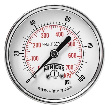 Lead-Free Pressure Gauge, 0 to 100 psi, 2 1/2 in Dial, 1/4 in NPT, Center Back Location MPN:PEM1439LF