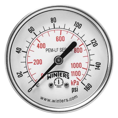 Lead-Free Pressure Gauge, 0 to 160 psi, 2 1/2 in Dial, 1/4 in NPT, Center Back Location MPN:PEM1440LF