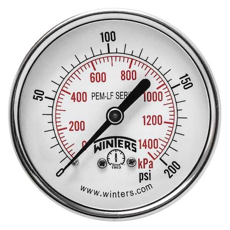 Lead-Free Pressure Gauge, 0 to 200 psi, 2 1/2 in Dial, 1/4 in NPT, Center Back Location MPN:PEM1441LF