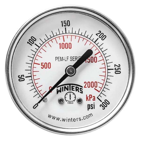 Lead-Free Pressure Gauge, 0 to 300 psi, 2 1/2 in Dial, 1/4 in NPT, Center Back Location MPN:PEM1442LF