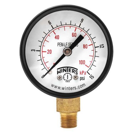Lead-Free Pressure Gauge, 0 to 15 psi, 2 in Dial, 1/8 in NPT, Bottom Location, Steel Case Material MPN:PEM196LF