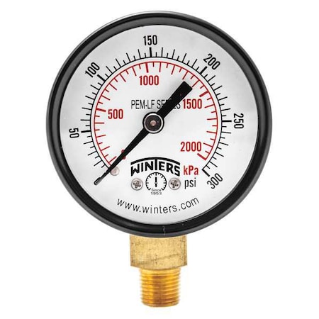 Lead-Free Pressure Gauge, 0 to 300 psi, 2 in Dial, 1/8 in NPT, Bottom Location, Steel Case Material MPN:PEM198LF
