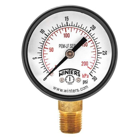 Lead-Free Pressure Gauge, 0 to 30 psi, 2 in Dial, 1/4 in NPT, Bottom Location, Steel Case Material MPN:PEM199LF