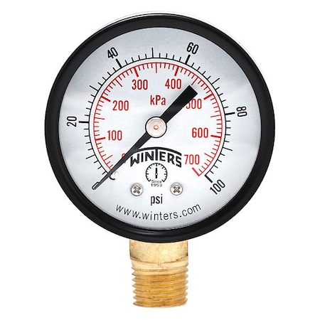 Commercial Pressure Gauge, 0 to 100 psi, 2 in Dial, 1/4 in NPT, Bottom Location, Steel Case Material MPN:PEM202