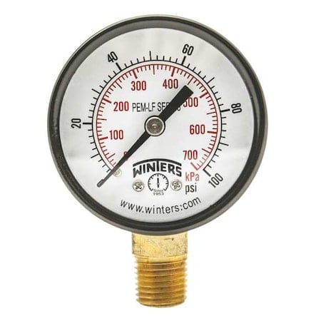 Lead-Free Pressure Gauge, 0 to 100 psi, 2 in Dial, 1/4 in NPT, Bottom Location, Steel Case Material MPN:PEM202LF