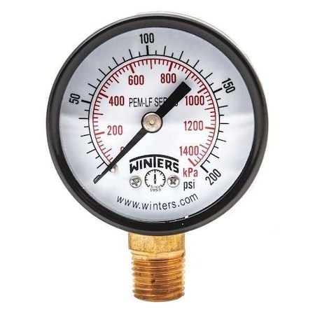 Lead-Free Pressure Gauge, 0 to 200 psi, 2 in Dial, 1/4 in NPT, Bottom Location, Steel Case Material MPN:PEM204LF