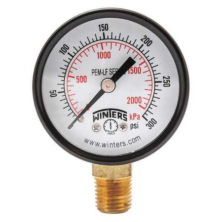 Lead-Free Pressure Gauge, 0 to 300 psi, 2 in Dial, 1/4 in NPT, Bottom Location, Steel Case Material MPN:PEM205LF
