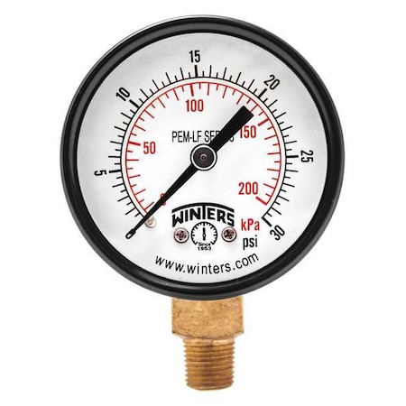Lead-Free Pressure Gauge, 0 to 30 psi, 2 in Dial, 1/8 in NPT, Bottom Location, Steel Case Material MPN:PEM206LF