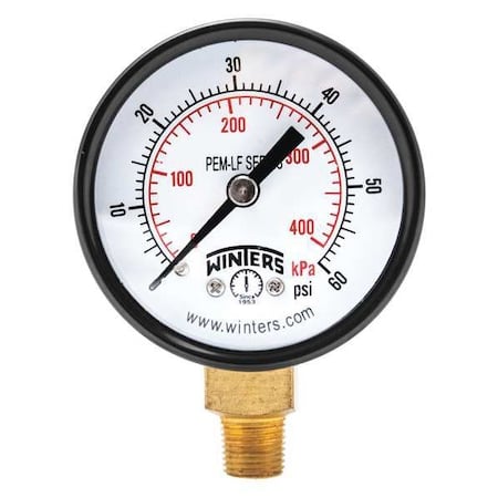 Lead-Free Pressure Gauge, 0 to 60 psi, 2 in Dial, 1/8 in NPT, Bottom Location, Steel Case Material MPN:PEM207LF