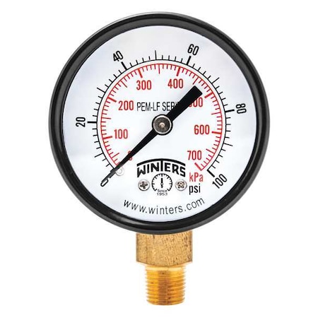 Lead-Free Pressure Gauge, 0 to 100 psi, 2 in Dial, 1/8 in NPT, Bottom Location, Steel Case Material MPN:PEM208LF