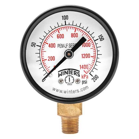 Lead-Free Pressure Gauge, 0 to 200 psi, 2 in Dial, 1/8 in NPT, Bottom Location, Steel Case Material MPN:PEM209LF
