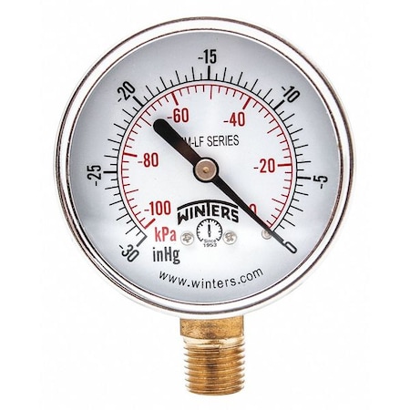Lead-Free Vacuum Gauge, 30 to 0 psi, 2 1/2 in Dial, 1/4 in NPT, Bottom Location, Steel Case Material MPN:PEM210LF