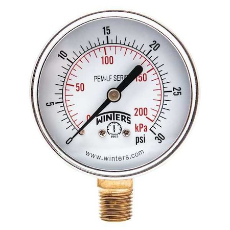 Lead-Free Pressure Gauge, 0 to 30 psi, 2 1/2 in Dial, 1/4 in NPT, Bottom Location MPN:PEM212LF