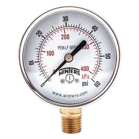 Lead-Free Pressure Gauge, 0 to 60 psi, 2 1/2 in Dial, 1/4 in NPT, Bottom Location MPN:PEM213LF