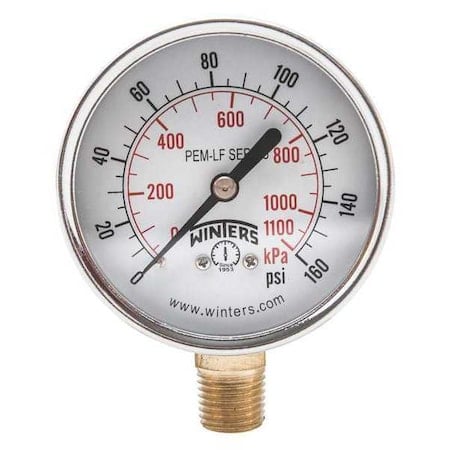 Lead-Free Pressure Gauge, 0 to 160 psi, 2 1/2 in Dial, 1/4 in NPT, Bottom Location MPN:PEM215LF