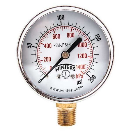 Lead-Free Pressure Gauge, 0 to 200 psi, 2 1/2 in Dial, 1/4 in NPT, Bottom Location MPN:PEM216LF
