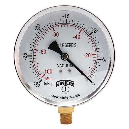 Lead-Free Vacuum Gauge, 30 to 0 psi, 4 in Dial, 1/4 in NPT, Bottom Location, Steel Case Material MPN:PEM220LF