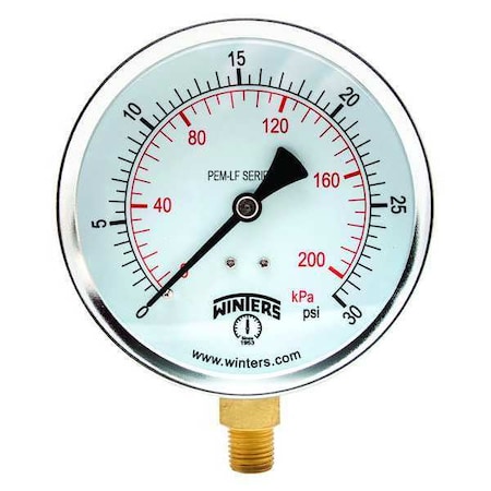 Lead-Free Pressure Gauge, 0 to 30 psi, 4 in Dial, 1/4 in NPT, Bottom Location, Steel Case Material MPN:PEM221LF