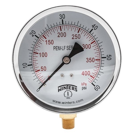 Lead-Free Pressure Gauge, 0 to 60 psi, 4 in Dial, 1/4 in NPT, Bottom Location, Steel Case Material MPN:PEM222LF