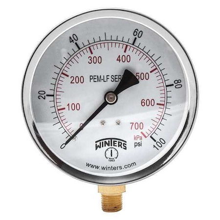Lead-Free Pressure Gauge, 0 to 100 psi, 4 in Dial, 1/4 in NPT, Bottom Location, Steel Case Material MPN:PEM223LF