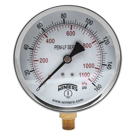 Lead-Free Pressure Gauge, 0 to 160 psi, 4 in Dial, 1/4 in NPT, Bottom Location, Steel Case Material MPN:PEM224LF