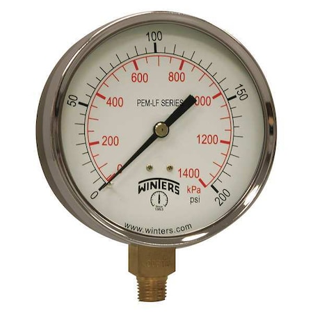 Lead-Free Pressure Gauge, 0 to 200 psi, 4 in Dial, 1/4 in NPT, Bottom Location, Steel Case Material MPN:PEM225LF