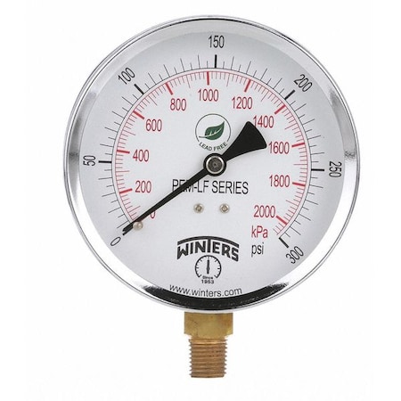 Lead-Free Pressure Gauge, 0 to 300 psi, 4 in Dial, 1/4 in NPT, Bottom Location, Steel Case Material MPN:PEM226LF