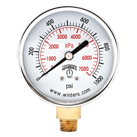 Commercial Pressure Gauge, 0 to 1, 000 psi, 2 1/2 in Dial, 1/4 in NPT, Bottom Location MPN:PEM290