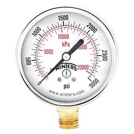 Commercial Pressure Gauge, 0 to 3, 000 psi, 2 1/2 in Dial, 1/4 in NPT, Bottom Location MPN:PEM291