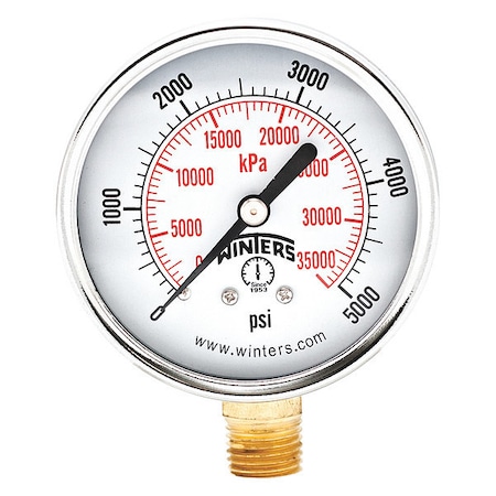 Commercial Pressure Gauge, 0 to 5, 000 psi, 2 1/2 in Dial, 1/4 in NPT, Bottom Location MPN:PEM292