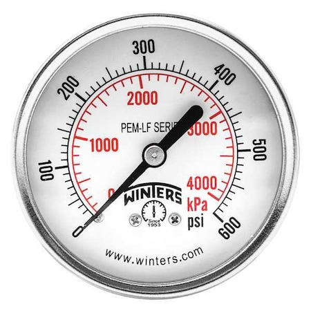 Pressure Gauge, 0 to 600 psi, 2 1/2 in Dial, 1/4 in NPT Center Back Location, Steel Case Material MPN:PEM3413LF