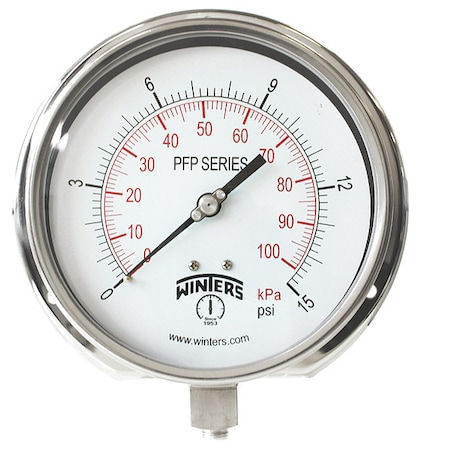 Panel-Mount Pressure Gauge, 0 to 15 psi, 6 in Dial, 1/4 in NPT, Bottom Location MPN:PFP1059-DRY-6BF