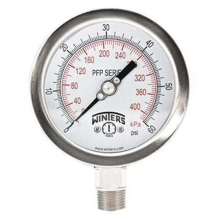4 in Dial, 1/2 in NPT Bottom Location, AISI 304 Stainless Steel Case Material MPN:PFP658