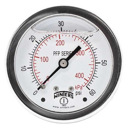 Filled Ss/Ss Gauge2.5 1/4 Cb 60 psi/Kpa, 2 1/2 in Dial, 1/4 in NPT Center Back Location MPN:PFP923