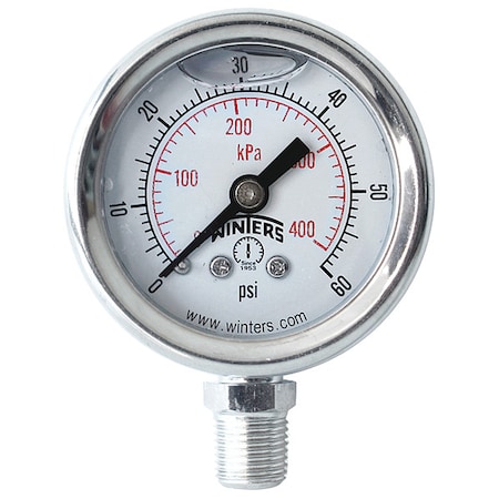 Industrial Pressure Gauge, 0 to 60 psi, 1 1/2 in Dial, 1/8 in NPT, Bottom Location MPN:PFQ1203
