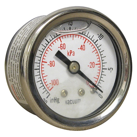 Industrial Vacuum Gauge, 30 to 0 psi, 1 1/2 in Dial, 1/8 in NPT, Center Back Location MPN:PFQ1220