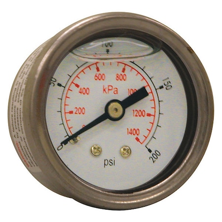 Industrial Pressure Gauge, 0 to 200 psi, 1 1/2 in Dial, 1/8 in NPT, Center Back Location MPN:PFQ1226