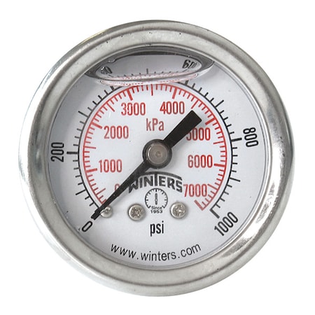 Industrial Pressure Gauge, 0 to 5, 000 psi, 1 1/2 in Dial, 1/8 in NPT, Center Back Location MPN:PFQ1233