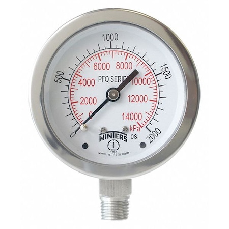 Industrial Pressure Gauge, 0 to 2, 000 psi, 2 1/2 in Dial, 1/4 in NPT, Bottom Location MPN:PFQ129-DRY