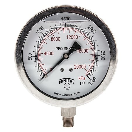 Industrial Pressure Gauge, 0 to 3, 000 psi, 4 in Dial, 1/4 in NPT, Bottom Location MPN:PFQ1531-DRY