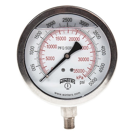 Industrial Pressure Gauge, 0 to 5, 000 psi, 4 in Dial, 1/4 in NPT, Bottom Location MPN:PFQ1532-DRY