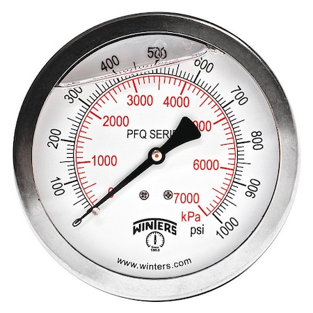 Industrial Pressure Gauge, 0 to 1, 000 psi, 4 in Dial, 1/4 in NPT, Center Back Location MPN:PFQ1552