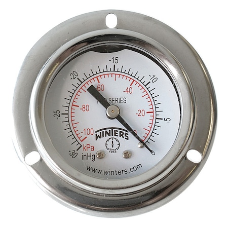 Panel-Mount Vacuum Gauge, 30 to 0 psi, 2 in Dial, 1/8 in NPT, Center Back Location MPN:PFQ2426-DRY-2FF
