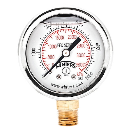 Industrial Pressure Gauge, 0 to 5, 000 psi, 2 in Dial, 1/4 in NPT, Bottom Location MPN:PFQ2473