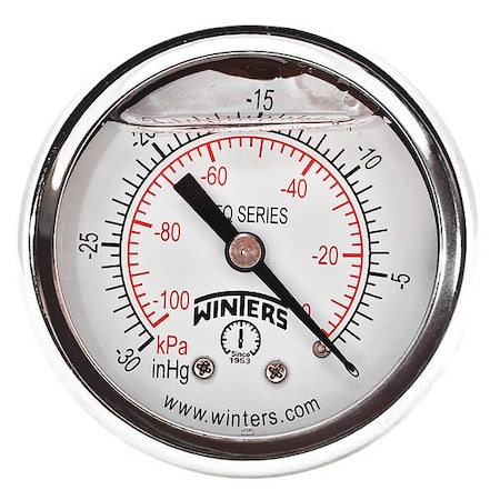 Panel-Mount Vacuum Gauge, 30 to 0 psi, 2 in Dial, 1/4 in NPT, Center Back Location MPN:PFQ2478-DRY-2FF