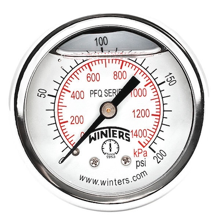 Panel-Mount Pressure Gauge, 0 to 200 psi, 2 in Dial, 1/4 in NPT, Center Back Location MPN:PFQ2491-DRY-2FF
