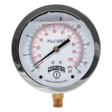 Lead-Free Pressure Gauge, 0 to 15 psi, 4 in Dial, 1/4 in NPT, Bottom Location MPN:PFQ708LF