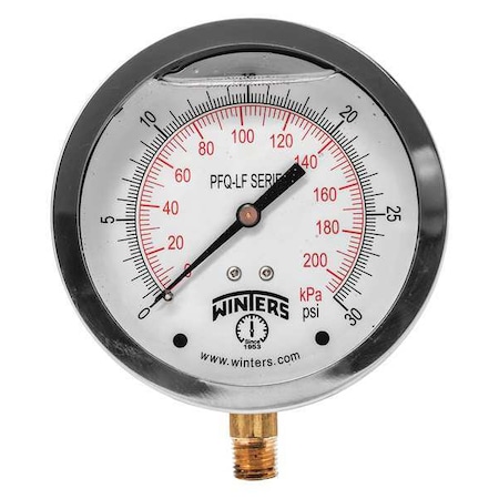 Lead-Free Pressure Gauge, 0 to 30 psi, 4 in Dial, 1/4 in NPT, Bottom Location MPN:PFQ709LF