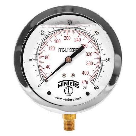 Lead-Free Pressure Gauge, 0 to 60 psi, 4 in Dial, 1/4 in NPT, Bottom Location MPN:PFQ710LF
